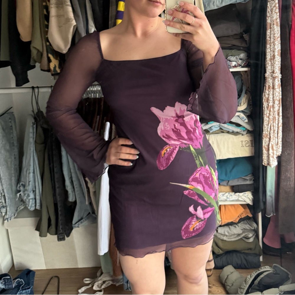 Cider Dark Purple Dress with Pink Floral Design